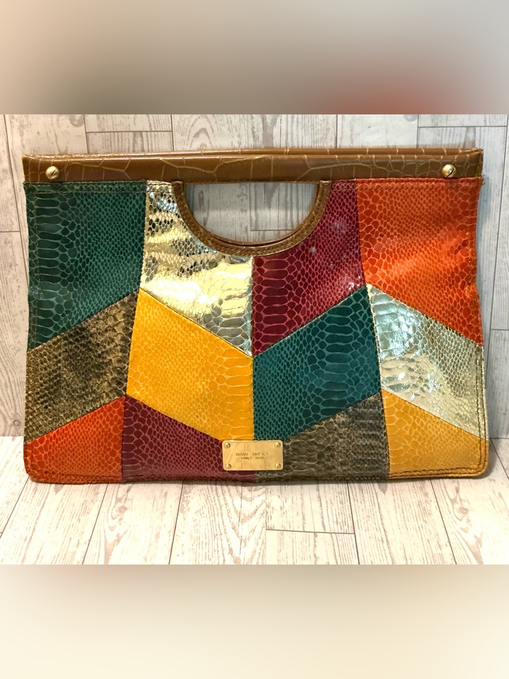 Nine West Multicolor Faux Snake Print Patchwork Clutch with Gold Accents